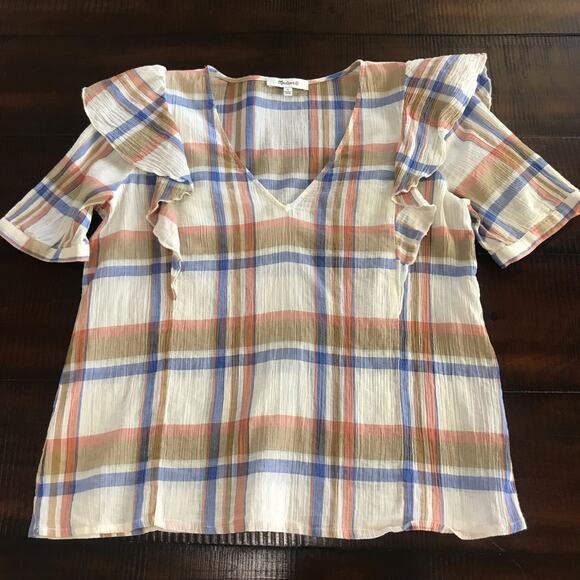 Madewell V Neck Shoulder Ruffle Top Blouse Shady Plaid Rusted Tin Small EUC - Picture 6 of 11